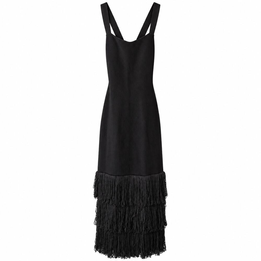 Anna Quan 100% Cotton Cross Black Knit Fringe Maxi Dress